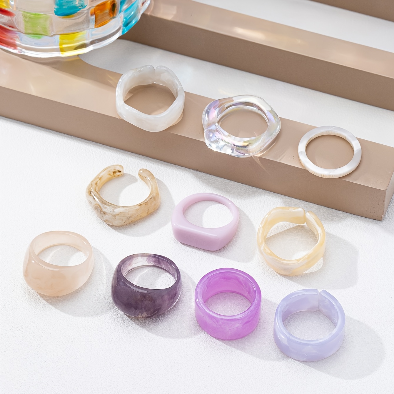 10pc Bohemian Style Fresh Pastel Resin Ring Set